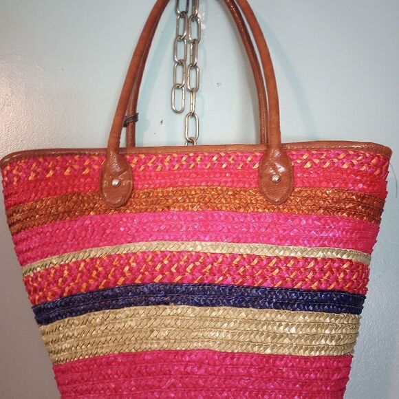 Style & Co large multi colored wicker tote with bead accent & zipper c… - Picture 4 of 10